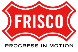Red and white Frisco logo with black text below.